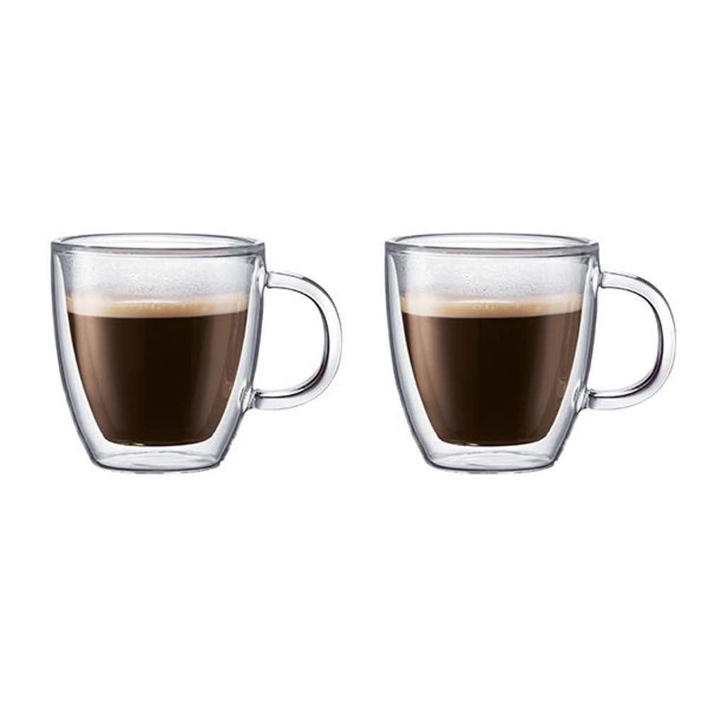 A set of two BISTRO Double Wall Glass featuring keep hot drinks hot.