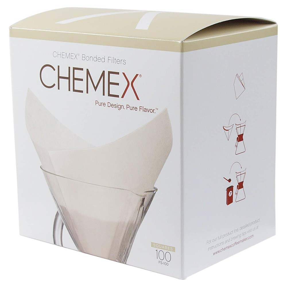 One box of Chemex Pre-folded Square Filters - fs100 pack comes in white color.