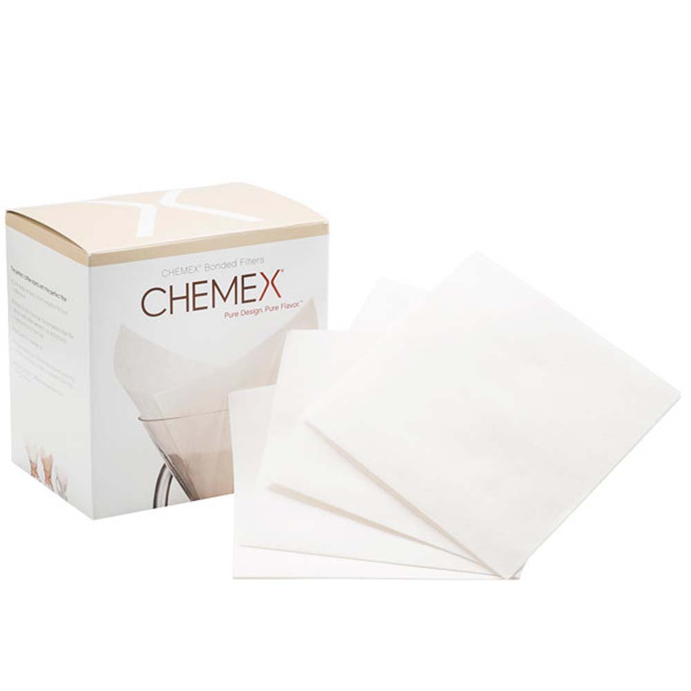 One box of Chemex Pre-folded Square Filters—100 pack—is white in color and has several white paper filters in front of it.