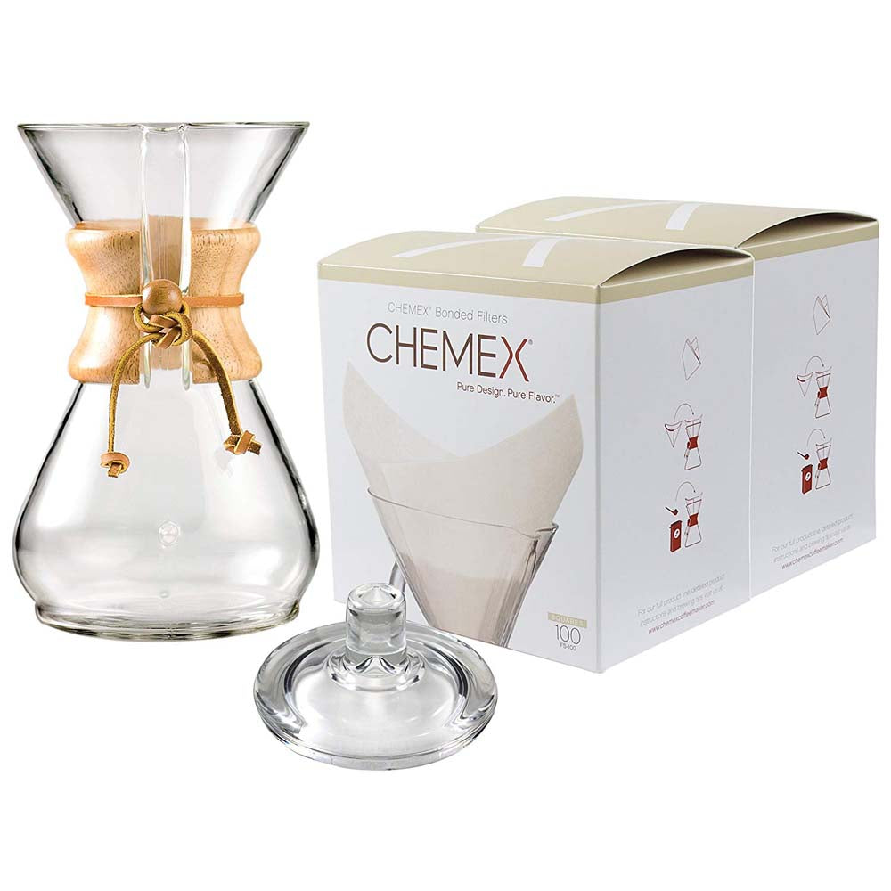Two boxes of Chemex Pre-folded Square Filters - 100 pack with a Chemex. Designed for use with the 6-, 8- or 10-cup Chemex coffee maker.