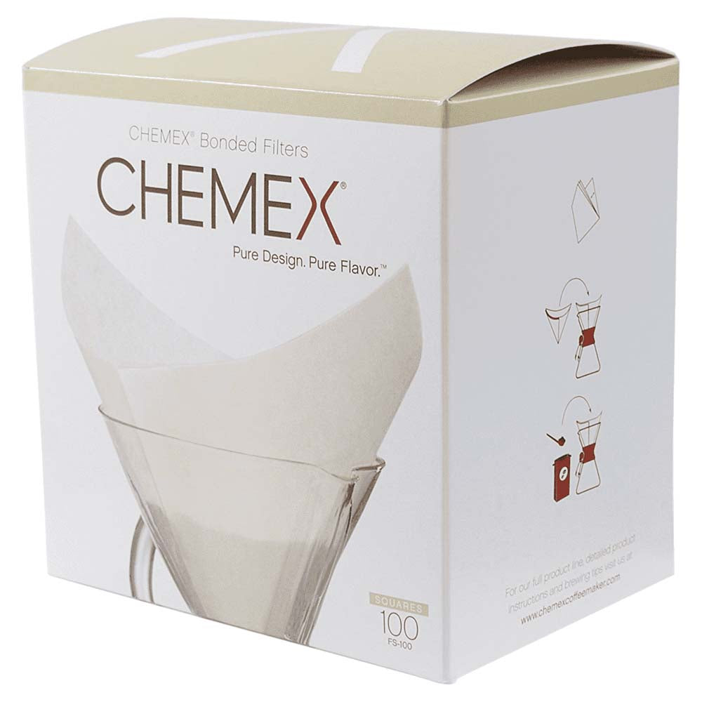 One box of Chemex Pre-folded Square Filters - 100 pack comes in white color.