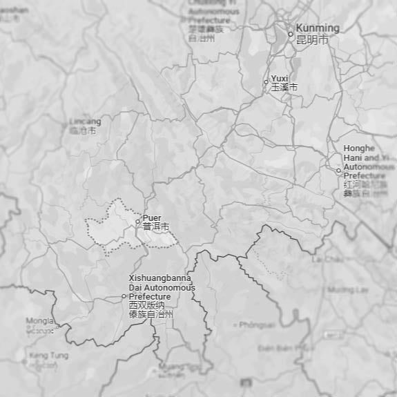 Map highlighting the Pu'er Simao region in Yunnan, China. Famous for its premium coffee beans and tea.