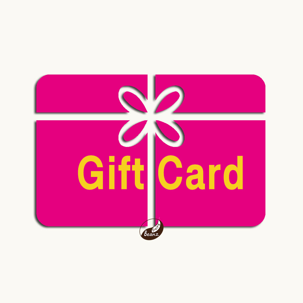 A pink gift card featuring the Dairy Beanz logo with yellow "Gift Card" text.
