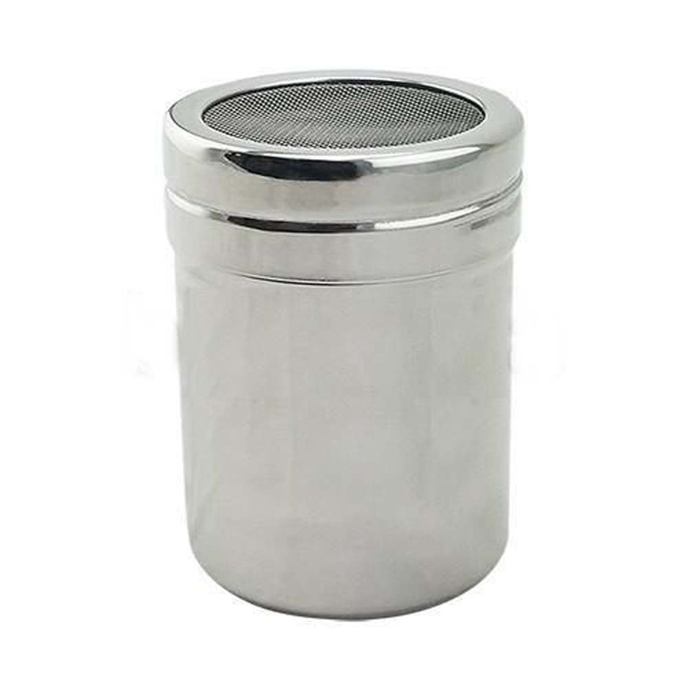 The Rhino Coffee Gear Cocoa Shaker comes in stainless steel color, with the option of either a fine mesh or coarse lid (humid areas may prefer to use the coarse lid).