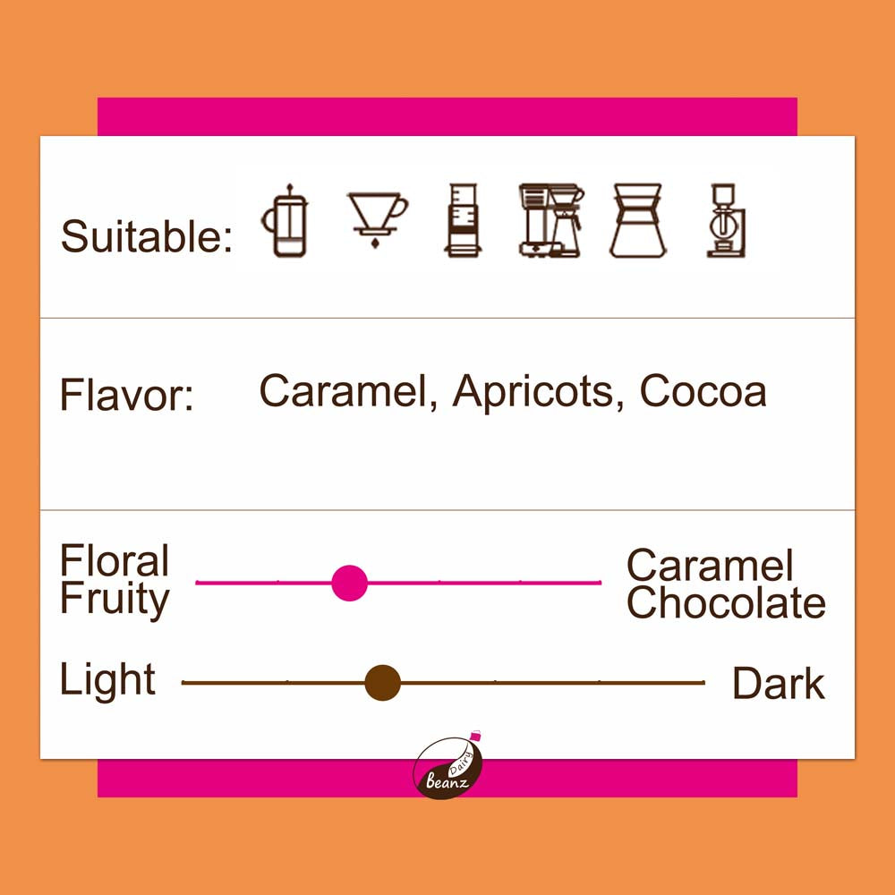 Information about 'PNG Sigri' coffee beans, highlighting suitable brew methods, flavor notes, and medium light roast level.