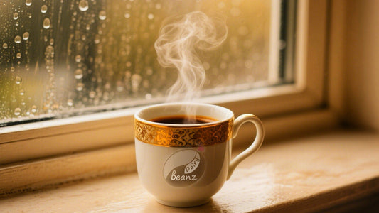 A steamy Dairy Beanz espresso cup on a rainy windowsill.