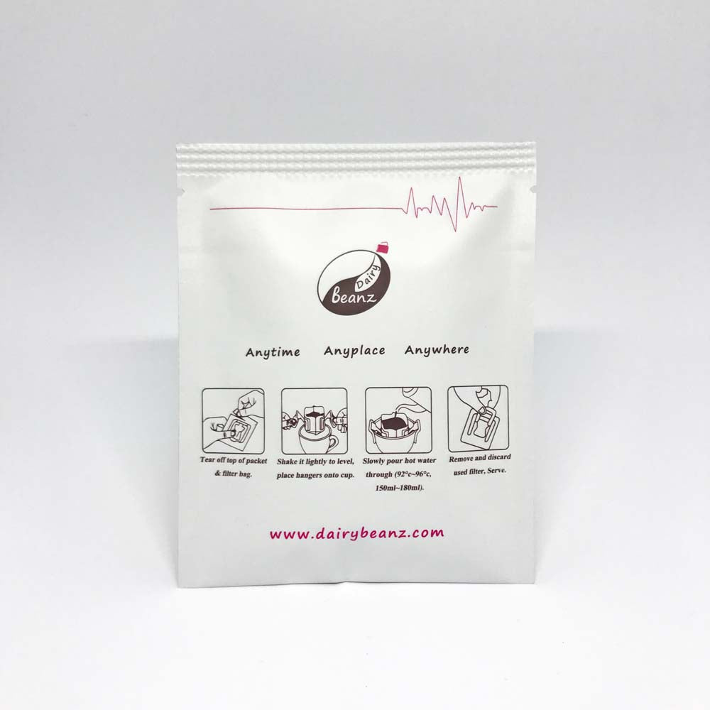 The back view of a single pack of Beanz Drip disposable drip bag coffee, showing product details.