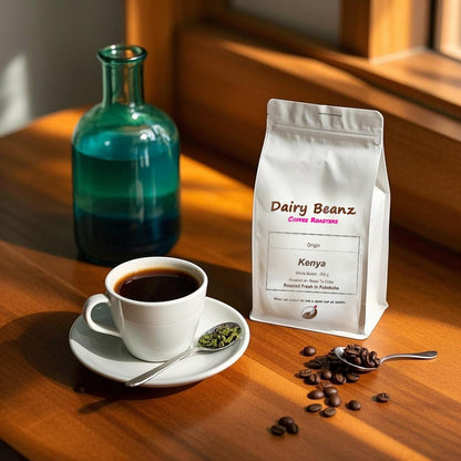 Dairy Beanz Kenya single‑origin coffee bag on a sun‑lit table with a white cup of black coffee on a saucer, a teaspoon, scattered beans, and a green glass water bottle.