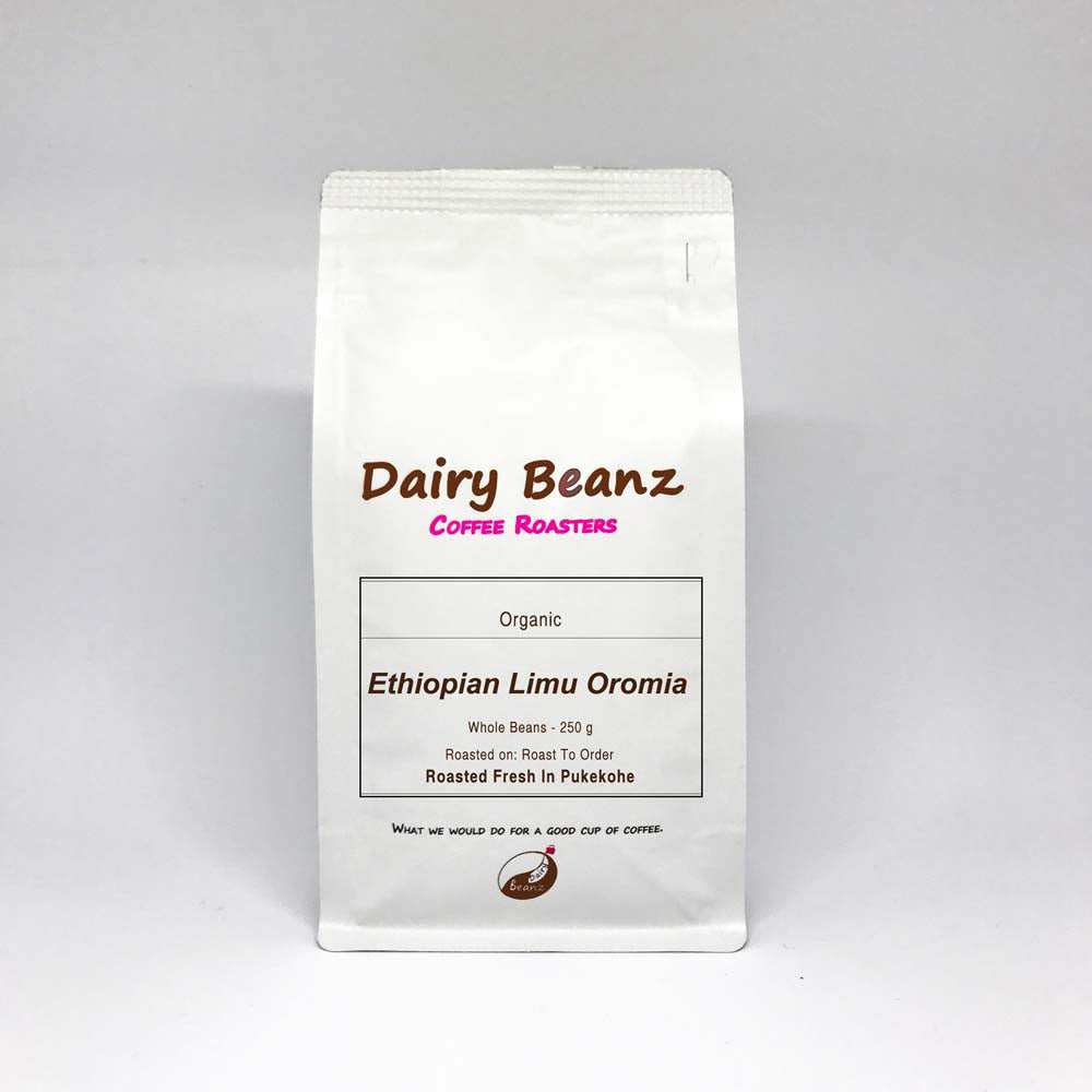 A bag of 'Ethiopian Limu Oromia' specialty single origin coffee beans with simple and elegant packaging design.