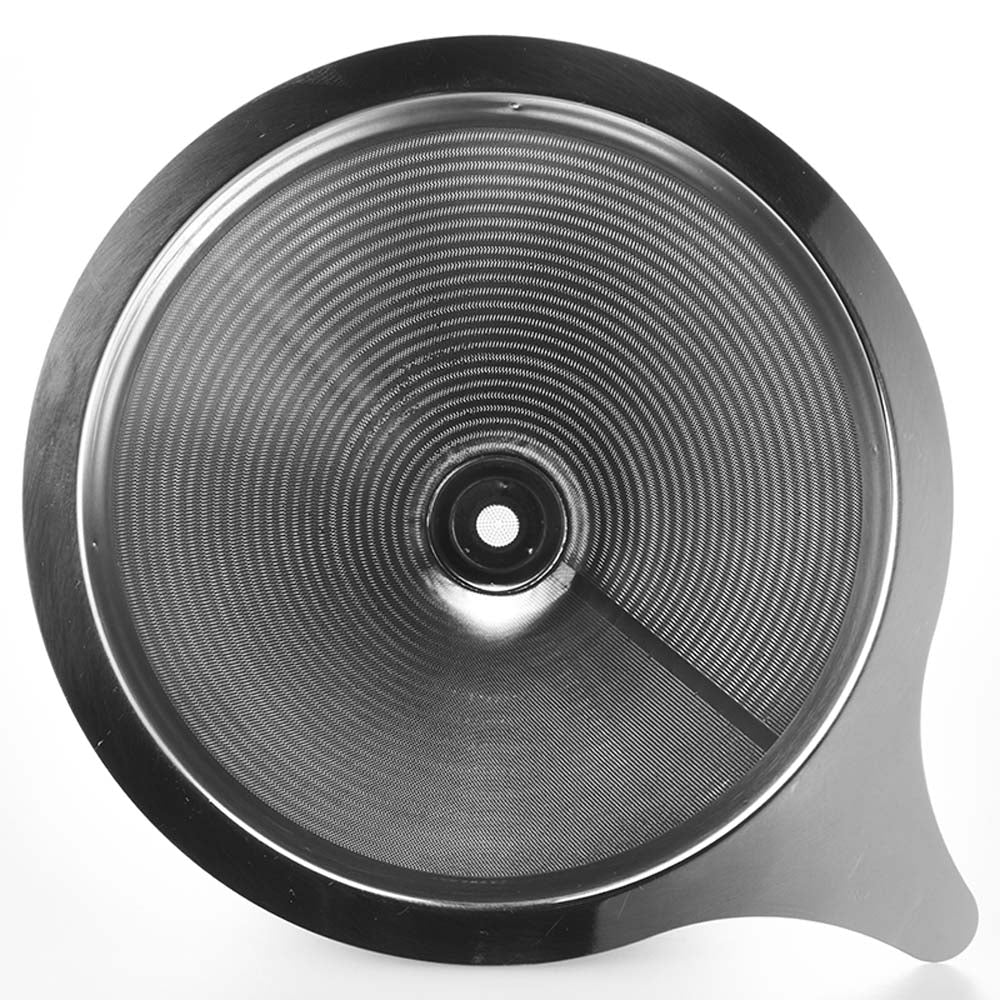 The Hario Metal Dripper with Decanter shows the dripper is an all stainless steel cone dripper.