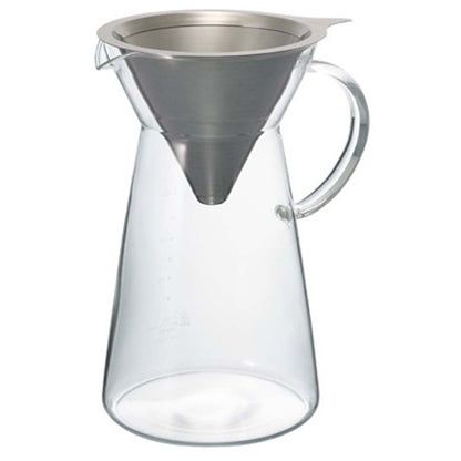 The Hario Metal Dripper with Decanter is an all stainless steel cone dripper with a glass decanter below.