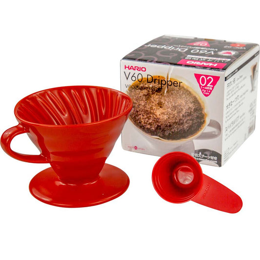 V60 Hario red ceramic dripper.  It's exquisite in its design. Showing the packaging and also include a red Hario coffee ground spoon.