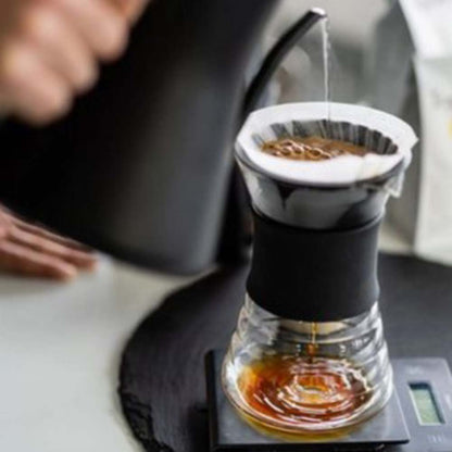 Hario V60 Drip Decanter showing simply pour hot water over the filter cone and coffee directly into the glass server and ready to serve.