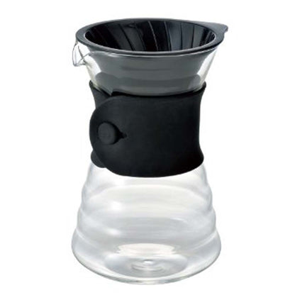The Hario V60 Drip Decanter comes with a plastic free-standing dropper filter with classic spiral ribs and is protected by a heat resistant, washable silicone band for extra grip and heat protection. 