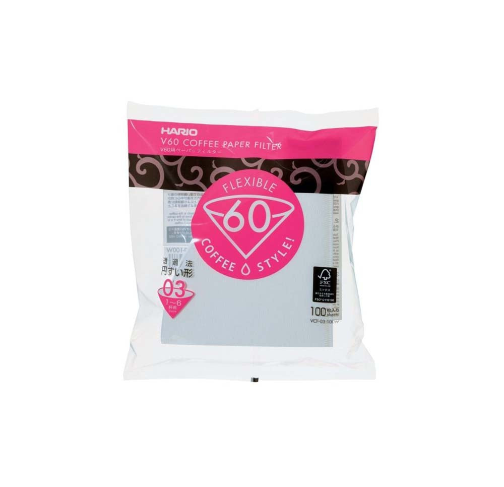 Hario V60 Filter Paper for 03 Dripper - 100pk, 100 Pack of sediment-free disposable paper filters for the V60 brewing system. 