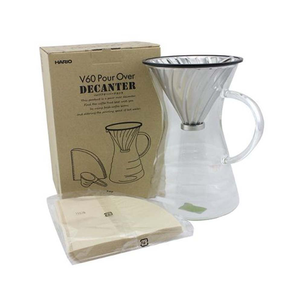 Hario has made brewing and serving easy with this all-in-one Pour-Over decanter set. Borosilicate Glass server/decanter, Metal V60 Dripper & Scoop, and 40pk V60 papers include.