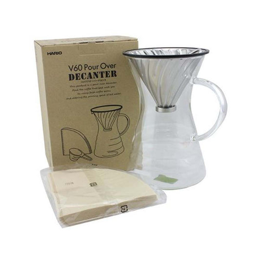 Hario has made brewing and serving easy with this all-in-one Pour-Over decanter set. Borosilicate Glass server/decanter, Metal V60 Dripper & Scoop, and 40pk V60 papers include.