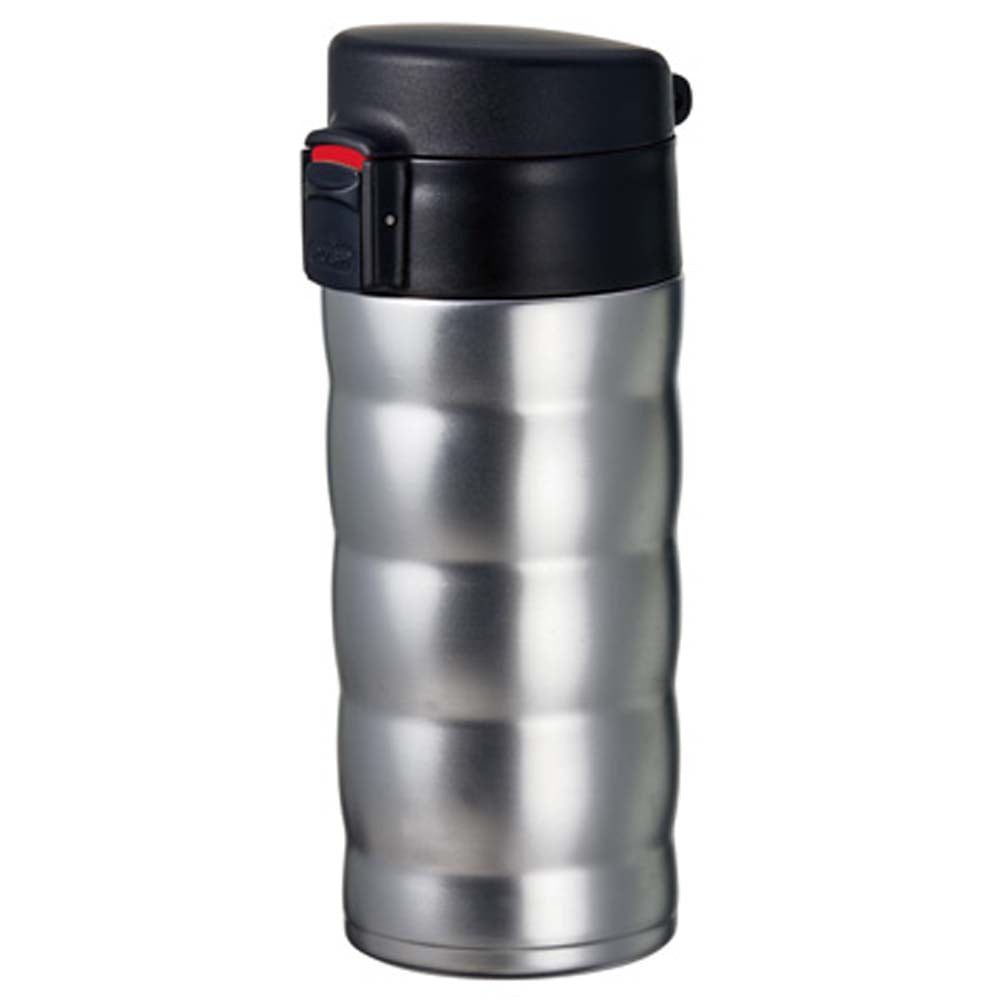 The double-walled insulation of the Hario V60 Soto Travel Mug showing in stainless steel color.