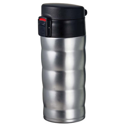 The double-walled insulation of the Hario V60 Soto Travel Mug showing in stainless steel color.
