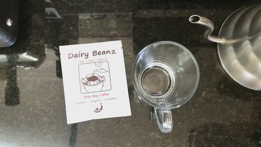 Beanz Drip step-by-step effortless brewing guide. Hang the cup drip filter sachet, pour hot water, and savor a delicious, aromatic coffee in seconds.