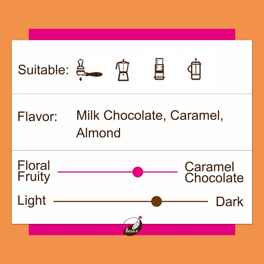 Information about 'Guatemala Santa Rosa' coffee beans, highlighting suitable brew methods, flavor notes, and medium roast level.